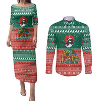 Bangladesh Christmas Couples Matching Puletasi and Long Sleeve Button Shirt with Black-Capped Bird Gift Stack and Green Red Snowflake Pattern - Wonder Print Shop