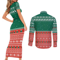 Bangladesh Christmas Couples Matching Short Sleeve Bodycon Dress and Long Sleeve Button Shirt with Black-Capped Bird Gift Stack and Green Red Snowflake Pattern - Wonder Print Shop
