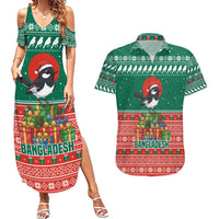 Bangladesh Christmas Couples Matching Summer Maxi Dress and Hawaiian Shirt with Black-Capped Bird Gift Stack and Green Red Snowflake Pattern - Wonder Print Shop