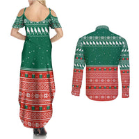 Bangladesh Christmas Couples Matching Summer Maxi Dress and Long Sleeve Button Shirt with Black-Capped Bird Gift Stack and Green Red Snowflake Pattern - Wonder Print Shop