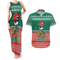 Bangladesh Christmas Couples Matching Tank Maxi Dress and Hawaiian Shirt with Black-Capped Bird Gift Stack and Green Red Snowflake Pattern - Wonder Print Shop
