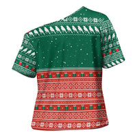 Bangladesh Christmas Cross Shoulder Shirt with Black-Capped Bird Gift Stack and Green Red Snowflake Pattern - Wonder Print Shop