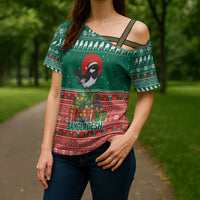 Bangladesh Christmas Cross Shoulder Shirt with Black-Capped Bird Gift Stack and Green Red Snowflake Pattern - Wonder Print Shop