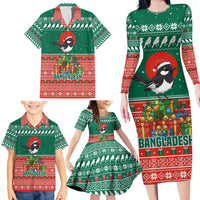 Bangladesh Christmas Family Matching Long Sleeve Bodycon Dress and Hawaiian Shirt with Black-Capped Bird Gift Stack and Green Red Snowflake Pattern - Wonder Print Shop
