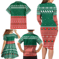 Bangladesh Christmas Family Matching Long Sleeve Bodycon Dress and Hawaiian Shirt with Black-Capped Bird Gift Stack and Green Red Snowflake Pattern - Wonder Print Shop