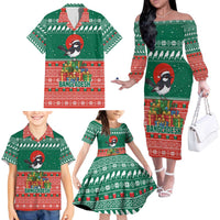 Bangladesh Christmas Family Matching Off The Shoulder Long Sleeve Dress and Hawaiian Shirt with Black-Capped Bird Gift Stack and Green Red Snowflake Pattern - Wonder Print Shop