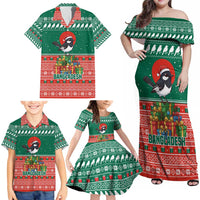 Bangladesh Christmas Family Matching Off Shoulder Maxi Dress and Hawaiian Shirt with Black-Capped Bird Gift Stack and Green Red Snowflake Pattern - Wonder Print Shop