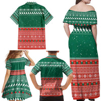 Bangladesh Christmas Family Matching Off Shoulder Maxi Dress and Hawaiian Shirt with Black-Capped Bird Gift Stack and Green Red Snowflake Pattern - Wonder Print Shop