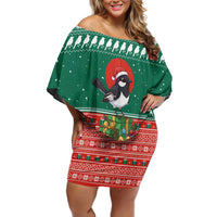 Bangladesh Christmas Family Matching Off Shoulder Short Dress and Hawaiian Shirt with Black-Capped Bird Gift Stack and Green Red Snowflake Pattern - Wonder Print Shop