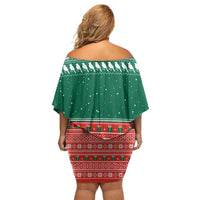 Bangladesh Christmas Family Matching Off Shoulder Short Dress and Hawaiian Shirt with Black-Capped Bird Gift Stack and Green Red Snowflake Pattern - Wonder Print Shop