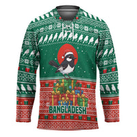 Bangladesh Christmas Hockey Jersey with Black-Capped Bird Gift Stack and Green Red Snowflake Pattern - Wonder Print Shop