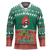 Bangladesh Christmas Hockey Jersey with Black-Capped Bird Gift Stack and Green Red Snowflake Pattern - Wonder Print Shop