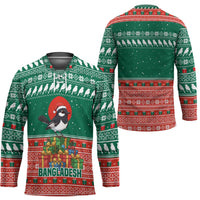 Bangladesh Christmas Hockey Jersey with Black-Capped Bird Gift Stack and Green Red Snowflake Pattern - Wonder Print Shop