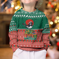Bangladesh Christmas Kid Ugly Christmas Sweater with Black-Capped Bird Gift Stack and Green Red Snowflake Pattern - Wonder Print Shop