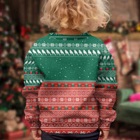 Bangladesh Christmas Kid Ugly Christmas Sweater with Black-Capped Bird Gift Stack and Green Red Snowflake Pattern - Wonder Print Shop