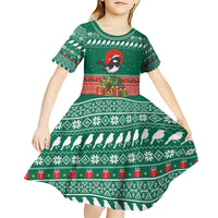 Bangladesh Christmas Kid Short Sleeve Dress with Black-Capped Bird Gift Stack and Green Red Snowflake Pattern - Wonder Print Shop