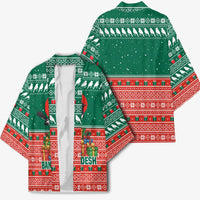 Bangladesh Christmas Kimono with Black-Capped Bird Gift Stack and Green Red Snowflake Pattern - Wonder Print Shop
