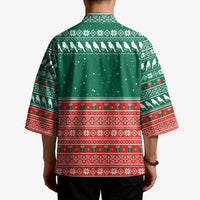 Bangladesh Christmas Kimono with Black-Capped Bird Gift Stack and Green Red Snowflake Pattern - Wonder Print Shop