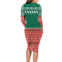 Bangladesh Christmas Long Sleeve Bodycon Dress with Black-Capped Bird Gift Stack and Green Red Snowflake Pattern - Wonder Print Shop