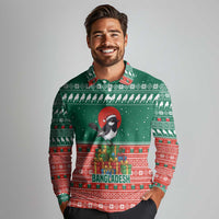 Bangladesh Christmas Long Sleeve Polo Shirt with Black-Capped Bird Gift Stack and Green Red Snowflake Pattern - Wonder Print Shop