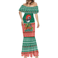 Bangladesh Christmas Mermaid Dress with Black-Capped Bird Gift Stack and Green Red Snowflake Pattern - Wonder Print Shop