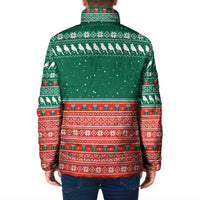 Bangladesh Christmas Padded Jacket with Black-Capped Bird Gift Stack and Green Red Snowflake Pattern - Wonder Print Shop