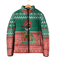 Bangladesh Christmas Padded Jacket with Black-Capped Bird Gift Stack and Green Red Snowflake Pattern - Wonder Print Shop