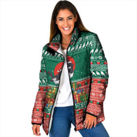 Bangladesh Christmas Padded Jacket with Black-Capped Bird Gift Stack and Green Red Snowflake Pattern - Wonder Print Shop