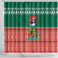 Bangladesh Christmas Shower Curtain with Black-Capped Bird Gift Stack and Green Red Snowflake Pattern - Wonder Print Shop