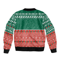 Bangladesh Christmas Sleeve Zip Bomber Jacket with Black-Capped Bird Gift Stack and Green Red Snowflake Pattern - Wonder Print Shop