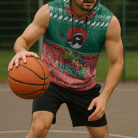 Bangladesh Christmas Sleeveless Hoodie with Black-Capped Bird Gift Stack and Green Red Snowflake Pattern - Wonder Print Shop