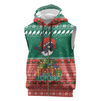 Bangladesh Christmas Sleeveless Zip Hoodie with Black-Capped Bird Gift Stack and Green Red Snowflake Pattern - Wonder Print Shop