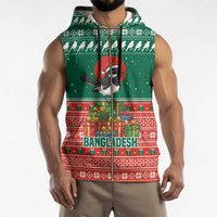 Bangladesh Christmas Sleeveless Zip Hoodie with Black-Capped Bird Gift Stack and Green Red Snowflake Pattern - Wonder Print Shop