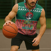 Bangladesh Christmas Sleeveless Zip Hoodie with Black-Capped Bird Gift Stack and Green Red Snowflake Pattern - Wonder Print Shop