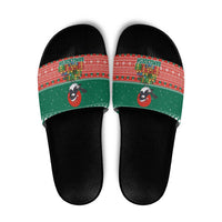 Bangladesh Christmas Slide Sandals with Black-Capped Bird Gift Stack and Green Red Snowflake Pattern - Wonder Print Shop