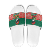 Bangladesh Christmas Slide Sandals with Black-Capped Bird Gift Stack and Green Red Snowflake Pattern - Wonder Print Shop