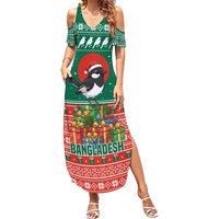 Bangladesh Christmas Summer Maxi Dress with Black-Capped Bird Gift Stack and Green Red Snowflake Pattern - Wonder Print Shop