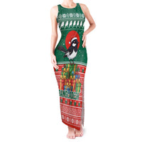 Bangladesh Christmas Tank Maxi Dress with Black-Capped Bird Gift Stack and Green Red Snowflake Pattern - Wonder Print Shop