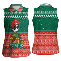 Bangladesh Christmas Women Sleeveless Polo Shirt with Black-Capped Bird Gift Stack and Green Red Snowflake Pattern - Wonder Print Shop