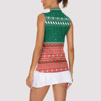 Bangladesh Christmas Women Sleeveless Polo Shirt with Black-Capped Bird Gift Stack and Green Red Snowflake Pattern - Wonder Print Shop
