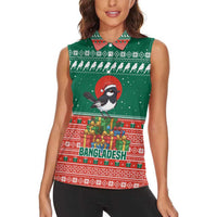 Bangladesh Christmas Women Sleeveless Polo Shirt with Black-Capped Bird Gift Stack and Green Red Snowflake Pattern - Wonder Print Shop