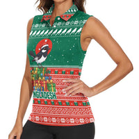 Bangladesh Christmas Women Sleeveless Polo Shirt with Black-Capped Bird Gift Stack and Green Red Snowflake Pattern - Wonder Print Shop