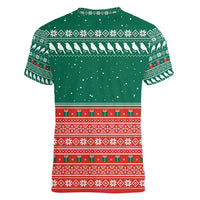 Bangladesh Christmas Women V-Neck T-Shirt with Black-Capped Bird Gift Stack and Green Red Snowflake Pattern - Wonder Print Shop