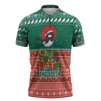 Bangladesh Christmas Zipper Polo Shirt with Black-Capped Bird Gift Stack and Green Red Snowflake Pattern - Wonder Print Shop