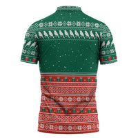 Bangladesh Christmas Zipper Polo Shirt with Black-Capped Bird Gift Stack and Green Red Snowflake Pattern - Wonder Print Shop