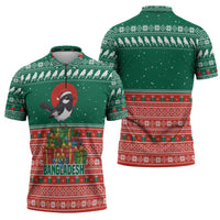 Bangladesh Christmas Zipper Polo Shirt with Black-Capped Bird Gift Stack and Green Red Snowflake Pattern - Wonder Print Shop