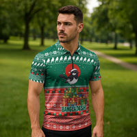 Bangladesh Christmas Zipper Polo Shirt with Black-Capped Bird Gift Stack and Green Red Snowflake Pattern - Wonder Print Shop