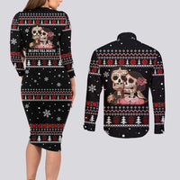 Skull Couple Christmas Couples Matching Long Sleeve Bodycon Dress and Long Sleeve Button Shirt Xmas Holiday Patterns - Wonder Print Shop