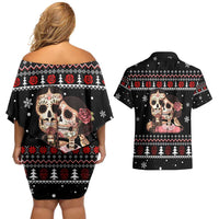 Skull Couple Christmas Couples Matching Off Shoulder Short Dress and Hawaiian Shirt Xmas Holiday Patterns - Wonder Print Shop