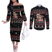 Skull Couple Christmas Couples Matching Off The Shoulder Long Sleeve Dress and Long Sleeve Button Shirt Xmas Holiday Patterns - Wonder Print Shop
